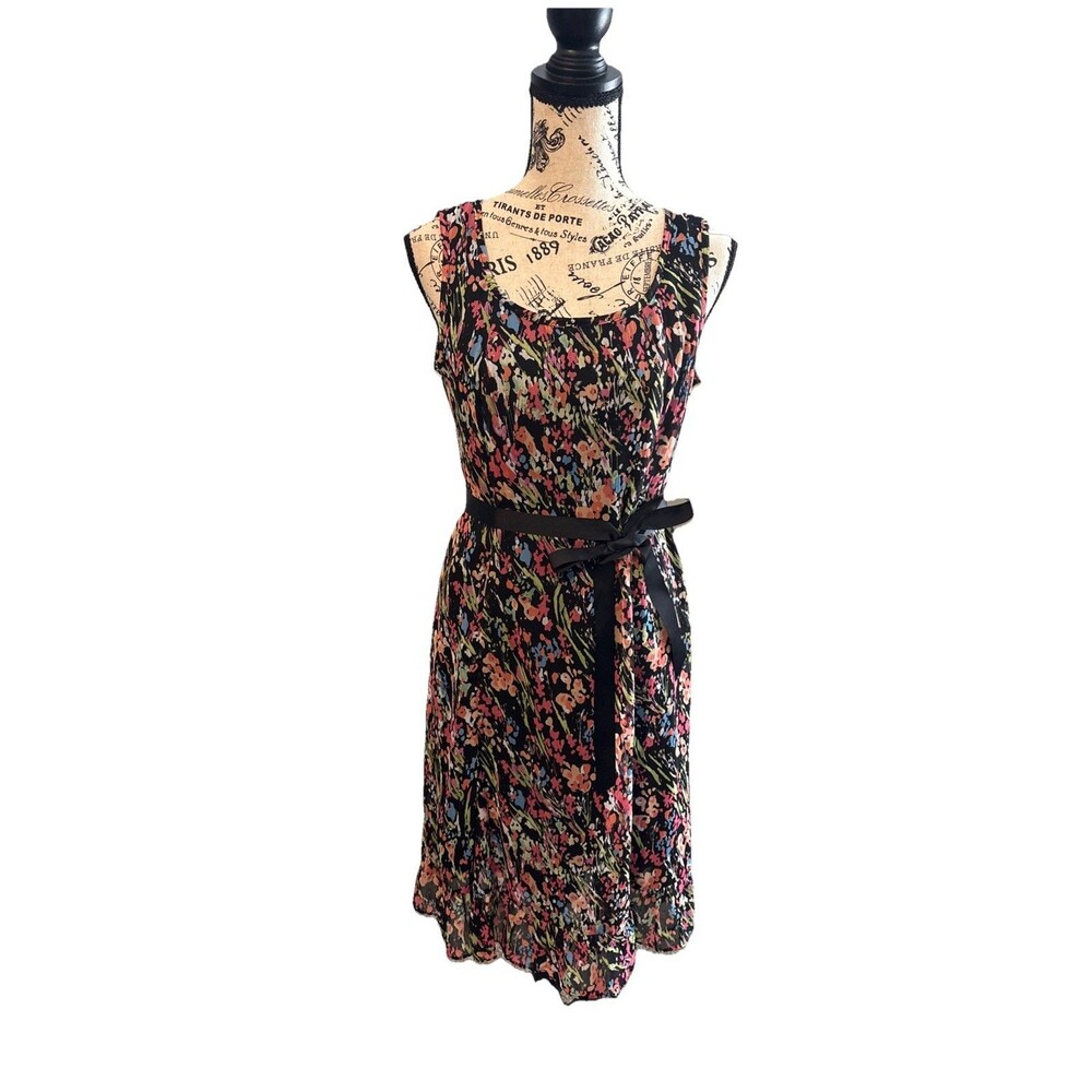Studio One Petite Small Sleeveless Black Floral Dress With Sash